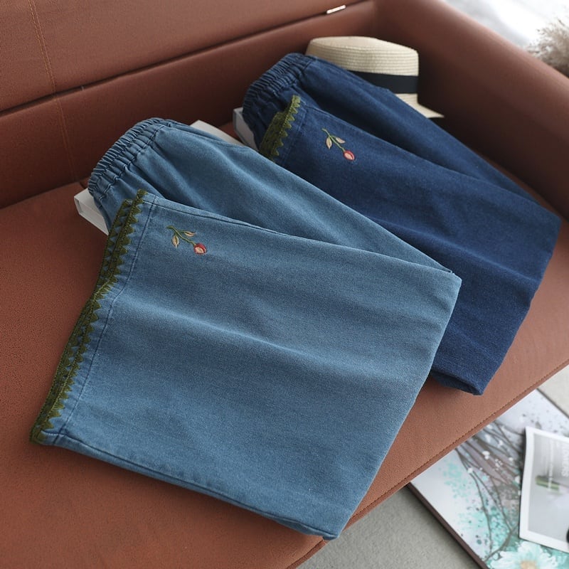 ジグザグヘムグリーンステッチワイドデニムパンツ W1765