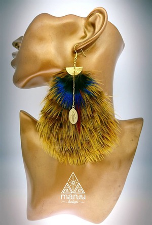 Yellow × Blue Feather oval Earrings