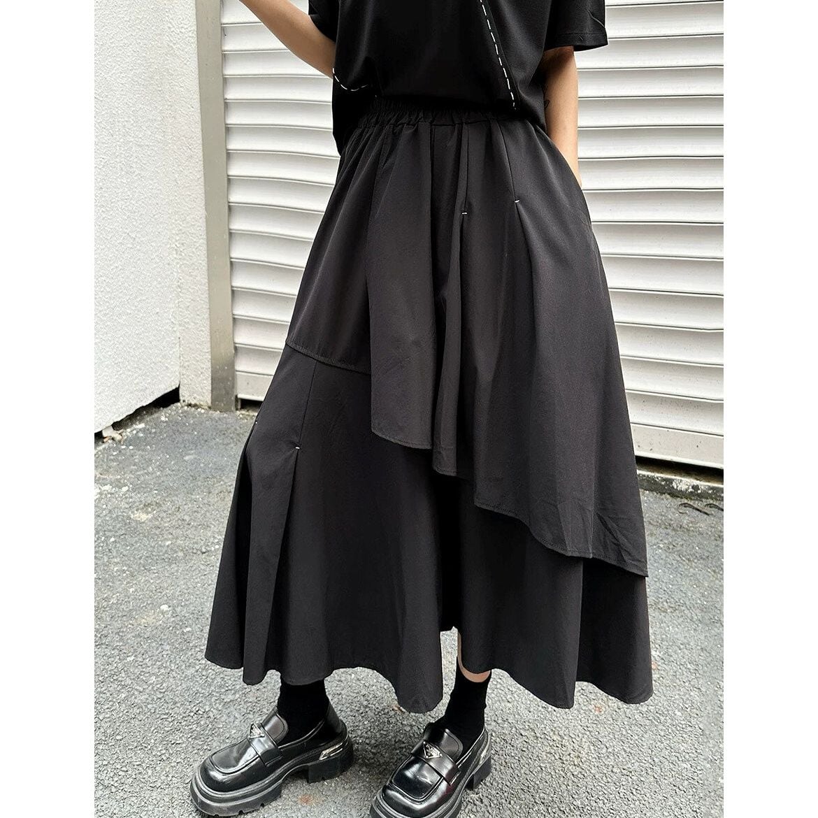 BLACK ELASTIC WAIST ASYMMETRIC A-LINE LONG SKIRT 1color M-16248