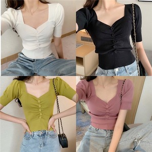 トップス レディース パフスリーブシャーリングボタンニット ショート ショート丈 袖あり シャーリング パフ袖 Vネック ニット 無地ニット ボタンニット スリム タイト 細身 かわいい 大人可愛い きれいめ シンプル カジュアル 大人 上品 おしゃれ お洒落 S M L 無地 春 夏 10代 20代 30代 ホワイト ブラック イエロー パープル オリーブ 5色 カラバリ 通勤 学生 通学 デート お出かけ 公園デビュー 女子会 お泊まり 休日 送料無料