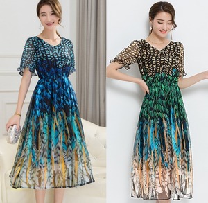 ★★送料無料★13号☆半袖フリルフェザー模様のワンピース(OPN5887)★