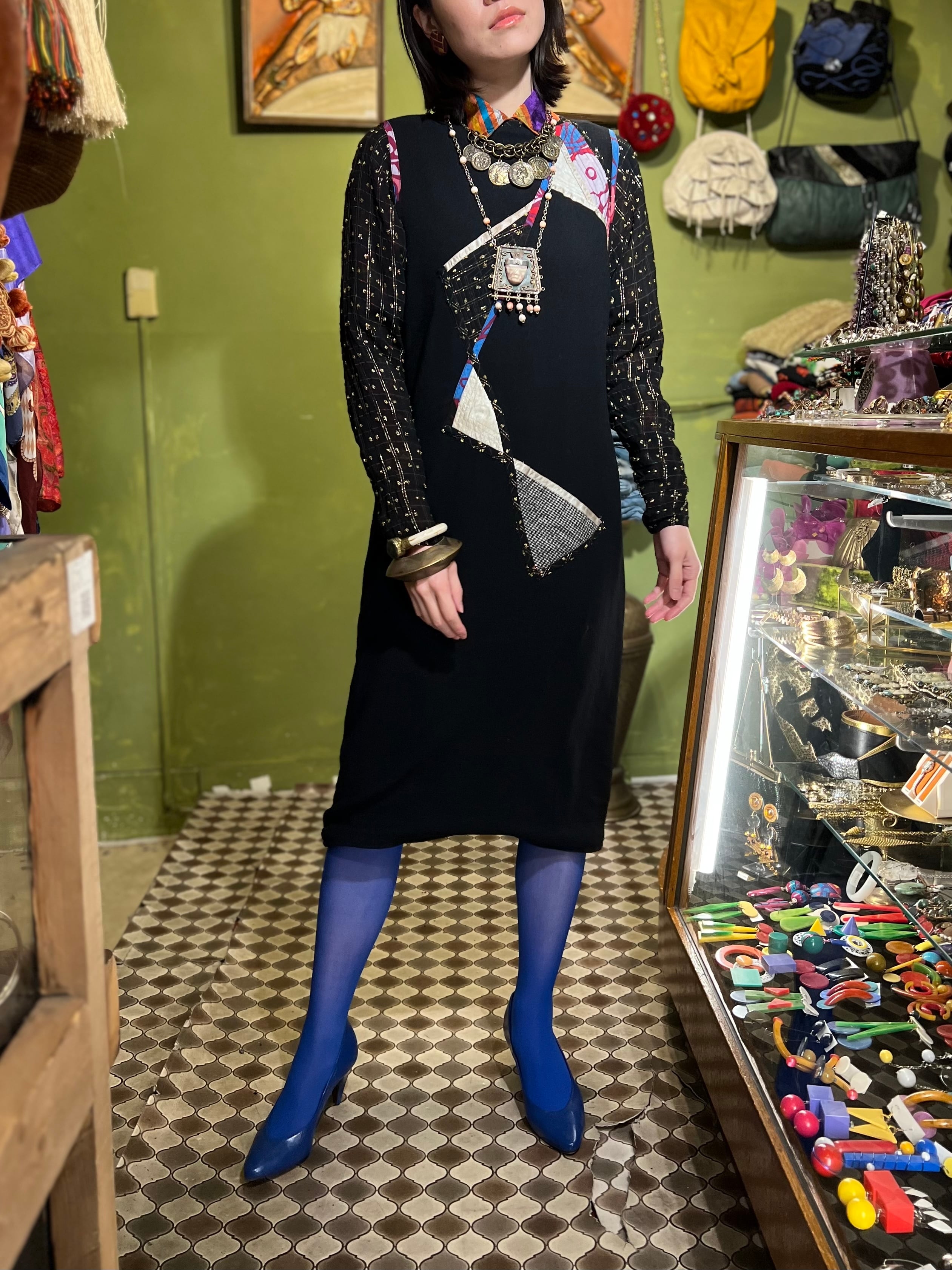 80s handmade black × appliqué wool dress ( ヴィンテージ