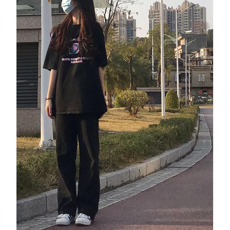 【新作】【送料無料】 女性のためのブラックジーンズ 2021 新しい夏ストレートルーズ痩身ワイドレッグハイウエストフロアレングス韓国スタイルパンツ 0356097616307