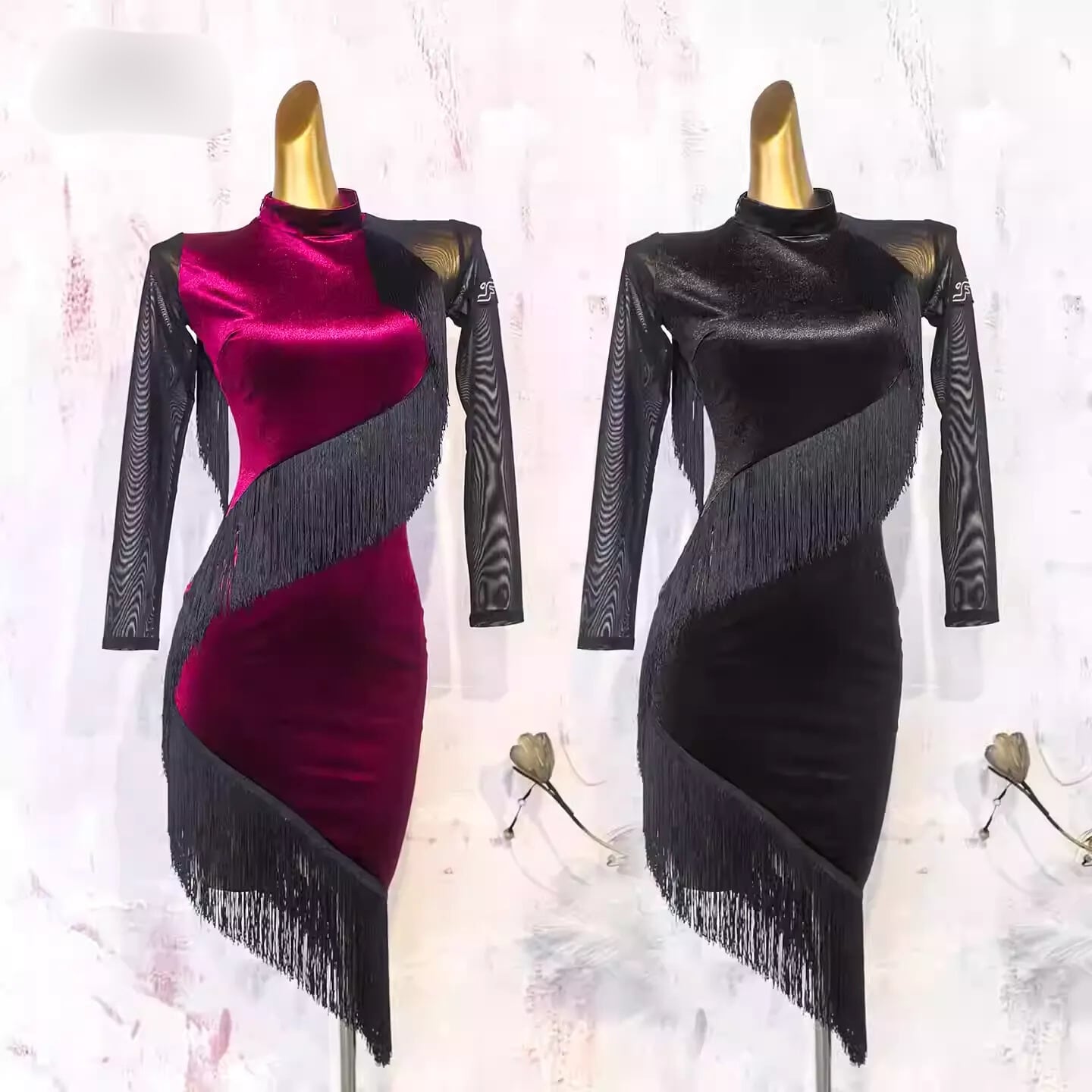 フリンジ アシンメトリー ロングスリーブ ミディダンスドレス ds1083