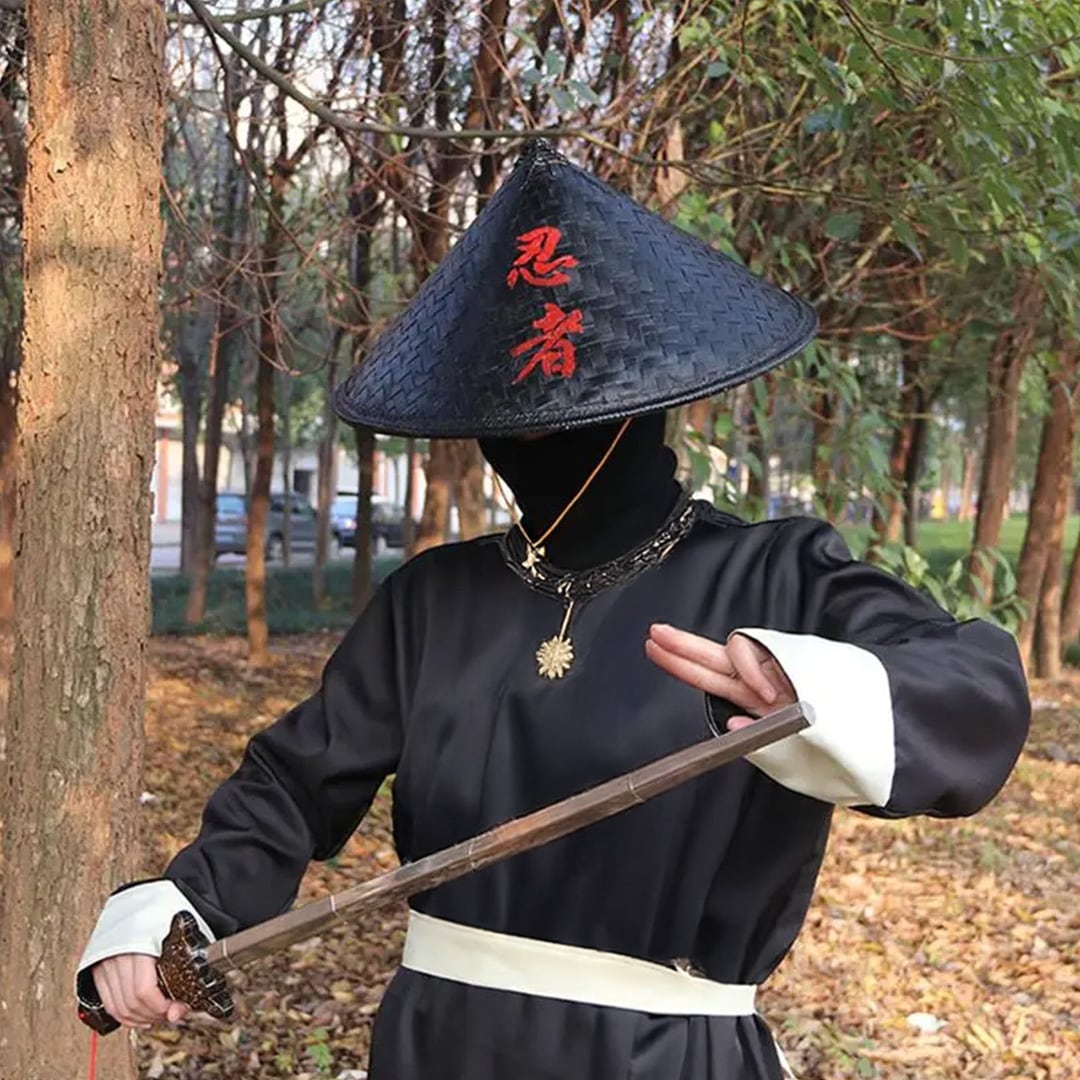 コスプレ♦︎ 個人装備•制帽 帽子 竹笠 忍黒蓮 - 忍者風 竹製 黒笠 雨よけ 撥水加工 軽量 忍 侍 笠