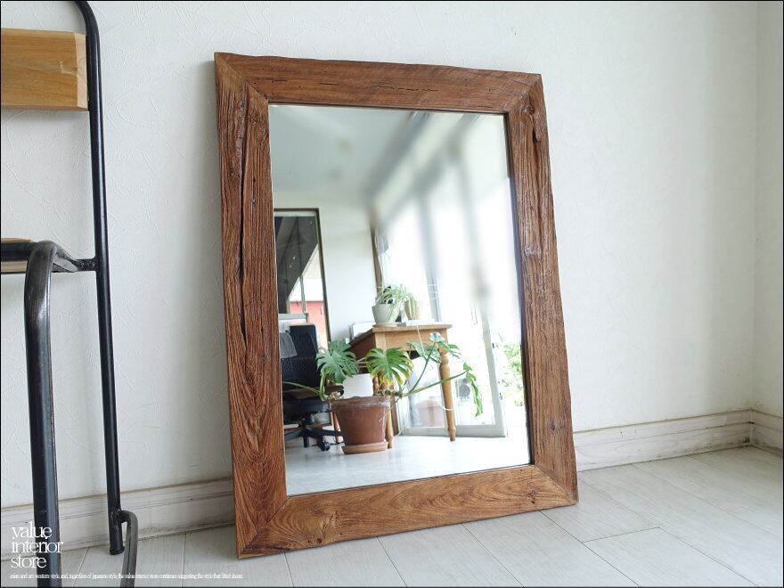 古材 鏡 壁掛けミラー オールドチークフレームミラー壁掛80/A02 レトロ 手作り 総無垢 自然な様 古材家具 W60 x H80cm