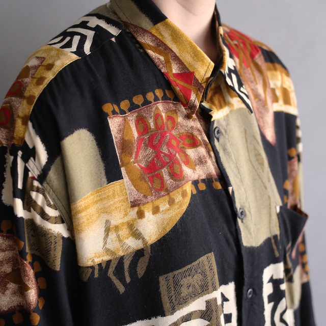 black base art pattern loose rayon shirt