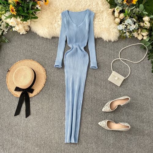 ワンピース ニット ミモレ丈 Vネック 長袖 無地 大人可愛い きれいめ こなれ感 春秋 お出かけ デート 女子会 ウエストマーク ハイウエスト