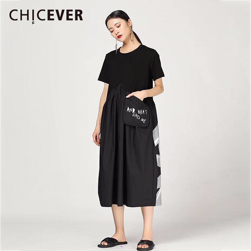 CHICEVERサマーウィメンズドレスOネック半袖バックプリントパッチワークポケットルーズプラスサイズミッドカーフドレス2020 ショート ハーフスリーブ 大きめサイズ 夏物 6base52446024512