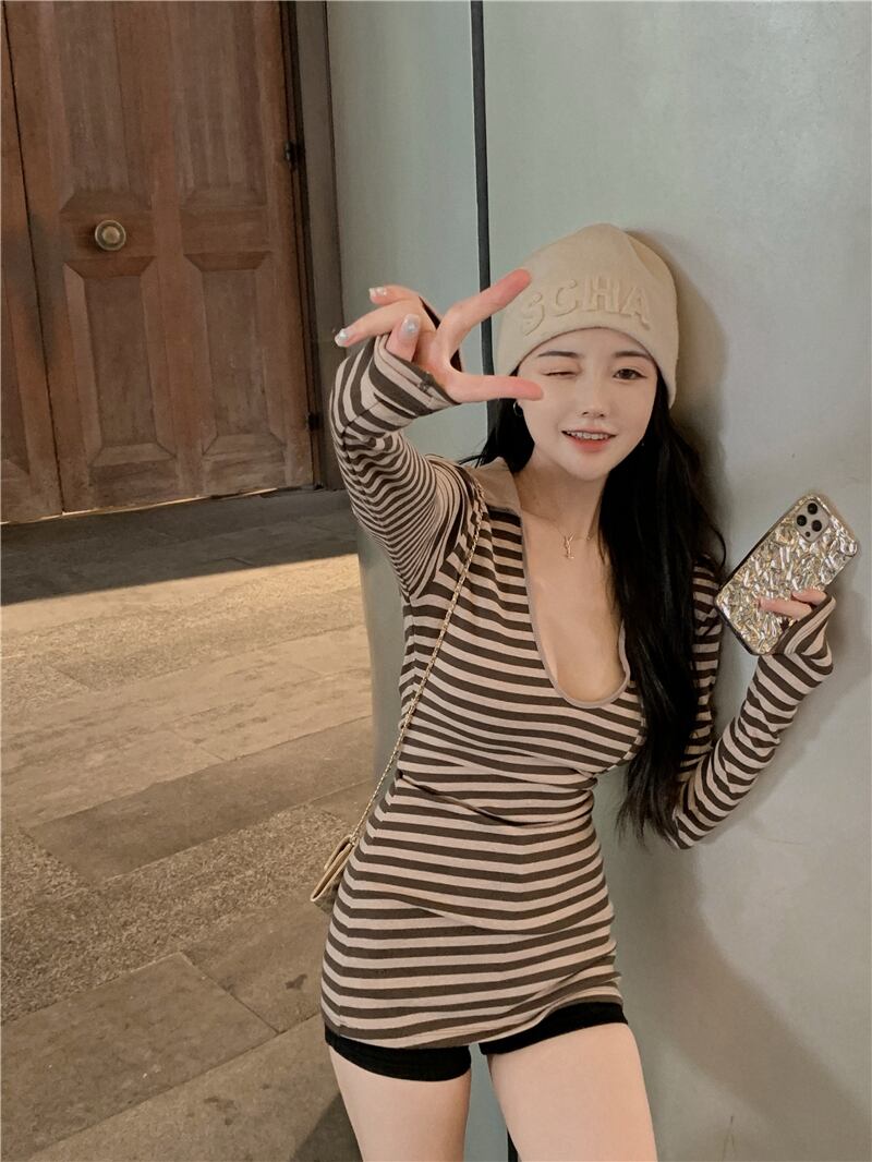 ストライプTシャツ シャツ オータムスタイルスタンダードVネックトップス ロング レトロ 秋物 ピュア ガールズファッション68642872915