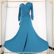 社交ダンス 衣装 スタンダード ドレス ワンピース レッスンウェア パーティ衣装 青 ブルー系 ターコイズブルー 無地 シンプル ビジュー 長袖 深み 色合い ひざ丈 フレアライン 伸縮性 おしゃれ レディース カジュアル 美しい 競技用 楽チン