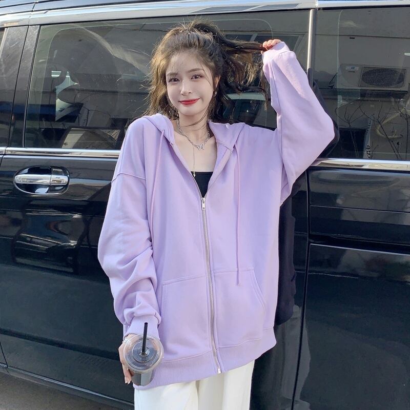 フードセーター ジャケット スプリングオータム薄手ルーズ 春物 秋物 パープル 試着室55420149391