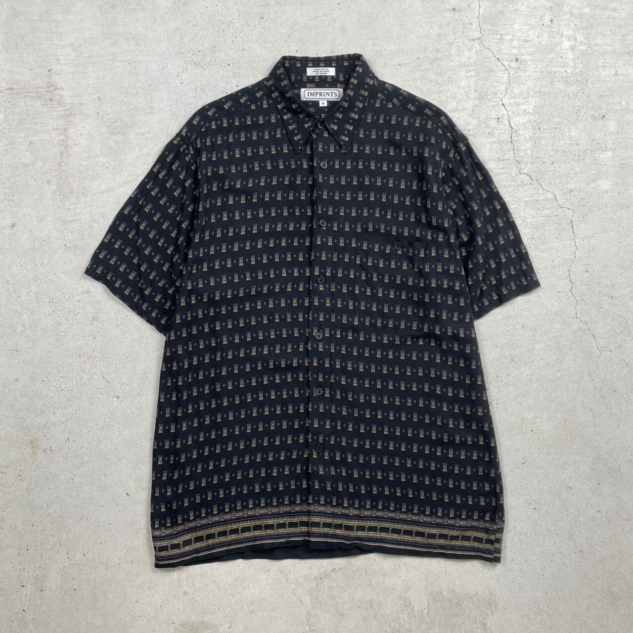 IMPRINTS 半袖総柄シャツ レーヨン メンズM 古着 小紋柄 黒【半袖 
