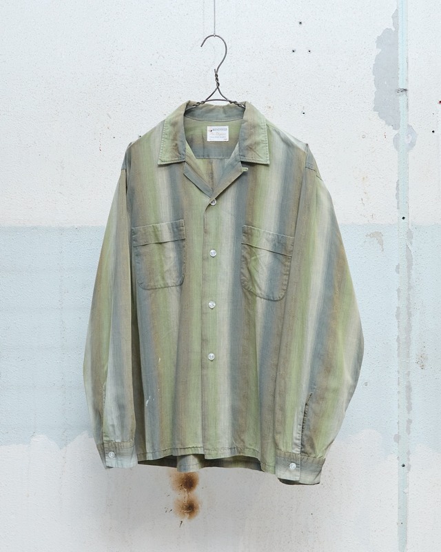 vintage ombre stripe & woven crest pattern cotton open collar shirt / 16–16½