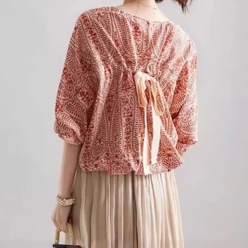 バットスリーブ 蝶ネクタイ レース シャツ ブラウス レディース 夏 新作 ゆったり ラウンドネック スリーブ プルオーバー シャツ 韓国ファッション