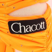 【日本製 社交ダンス衣装】オレンジ Chacott チャコット ラテン ドレス ワンピース 蛍光 紫 パープル レース デモ 競技用 豪華 スカート ヒダ おしゃれ