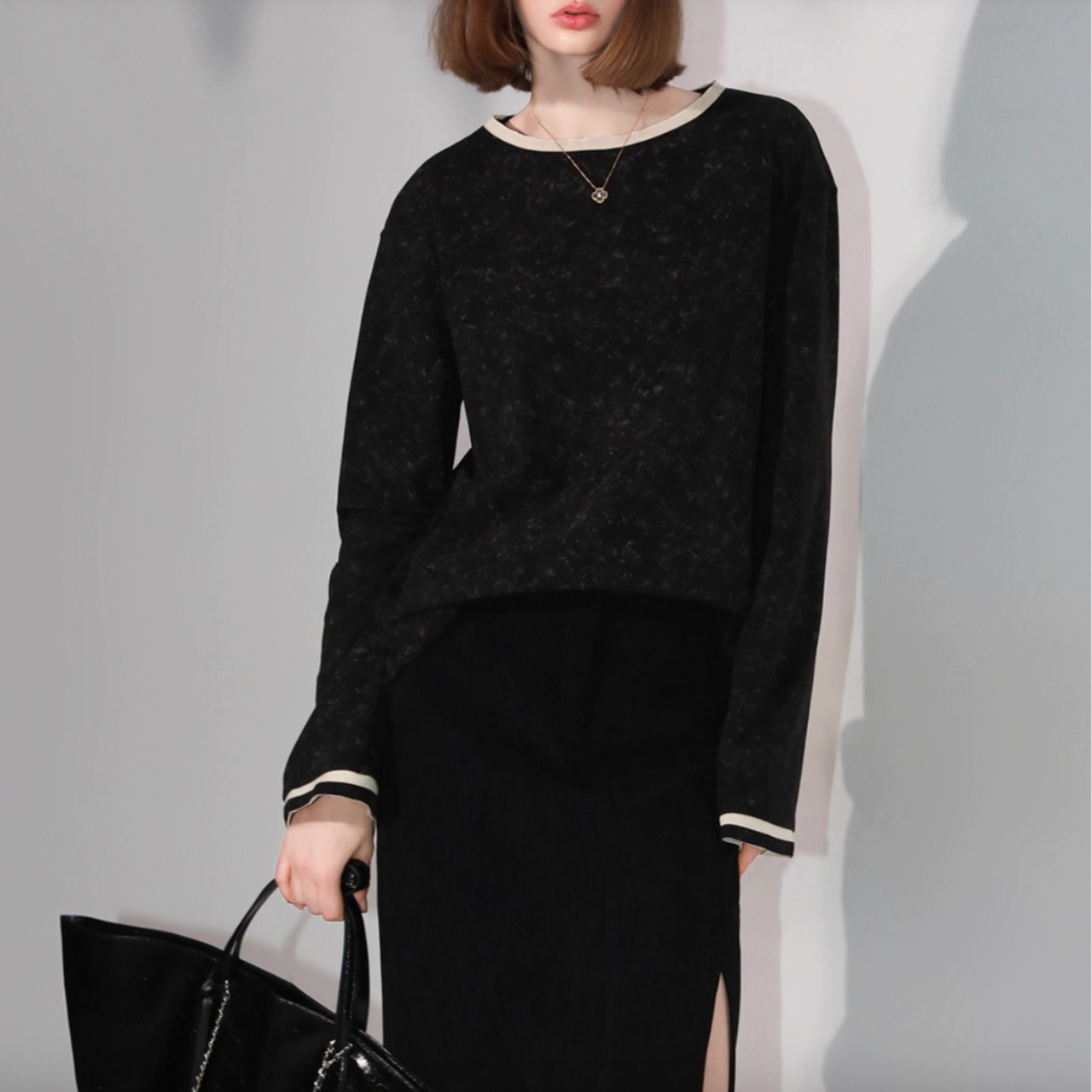 配色トリム 長袖 ドロップショルダー カットソー  00025・画像4