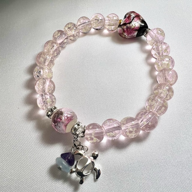 蓄光ピンクガラスビーズブレスレット　琉球ホタルガラス＆パワーストーン付