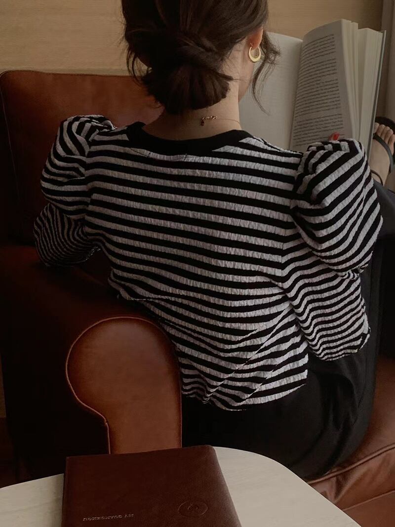 ストライプTシャツ スリムカジュアルオータムトップス 秋物 ビッグFスモールZ韓国13349357175