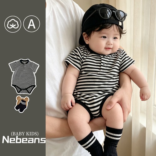 【BABY】ストライプヘンリーネック半袖ボディスーツ
