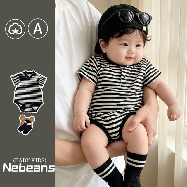 【BABY】ストライプヘンリーネック半袖ボディスーツ - 1