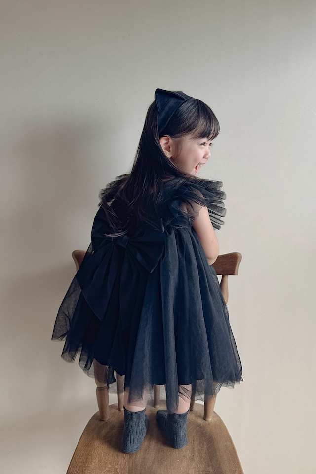 【今だけ‼︎モニター価格】黒猫ヘアバンド付SET ❤︎ back ribbon tulle dress〈Black〉
