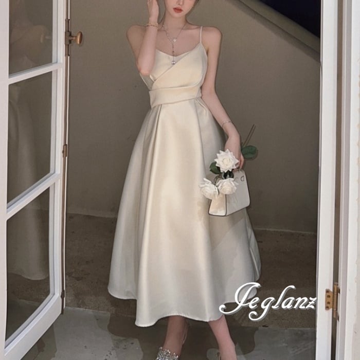 気品 パーティ キャミ ワンピース 切替 きれいめ シンプル派 光沢感 (M3750)ζ