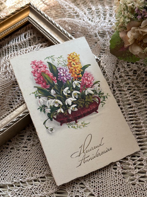 アンティークポストカード heureux anniversaire ヒヤシンス スノードロップ フラワー フランス 額装 インテリア
