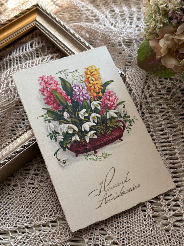 フランス アンティークカード  Muget すずらんのアレンジメント つばめ ツバメ 額装 インテリア