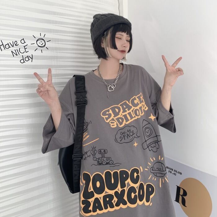 プリント柄ラウンドネックTシャツ サマーカジュアルルーズトップス ストリート 大きめサイズ 夏物 Oネック ケッペル73875531567