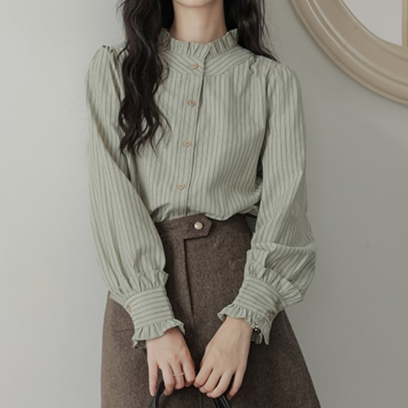 フリルカラーストライプデザインシャツ M1741