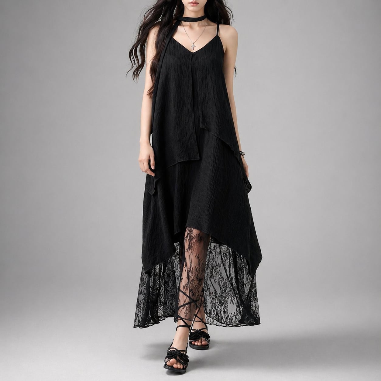 lace asymmetry long onepiece / l0467