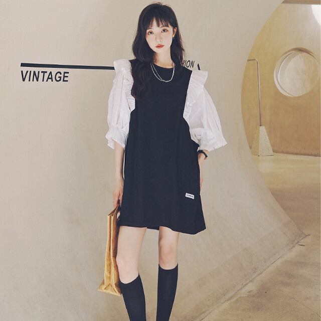 ワンピース レディース ミニワンピ ミニ丈 バイカラー 異素材ミックス 袖コンシャス かわいい おしゃれ 春秋 ブラック S/M/L/XL/2XL