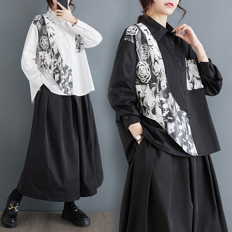 サブカル 服 地雷系 通販 チャイナ風 大人ゴシック シャツ バイカラー アシンメトリー プリント シャツ