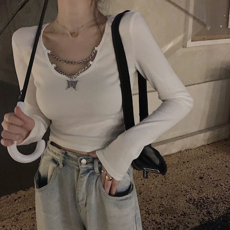 チェーンステッチのVネックセクシーホワイトニットTシャツレディース秋タイトフィット長袖ボトミングシャツ、ショートトップ ブラックストロベリース86178001678