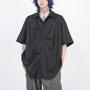 ボーダープリーツ加工ショートスリーブブラックシャツ(ruf_02092)