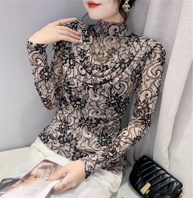 トップス シアートップス シースルー 透け感 ミディアム丈 袖あり 長袖 ハイネック 襟付き スリム タイト 細身 薄手 大人 上品 おしゃれ お洒落 レトロ アジアン 個性的 クール モード系 エレガント クラシカル 柄 花柄 フラワー チェック柄 格子柄 セブラ柄 アニマル柄 プリントトップス 秋 冬 20代 30代 40代 レディース 女性用 デート お出かけ パーティー イベント 旅行 普段使い 重ね着 レイヤード レイヤードコーデ サイズ M L XL 2XL 色展開 黒 ブラック モノトーン