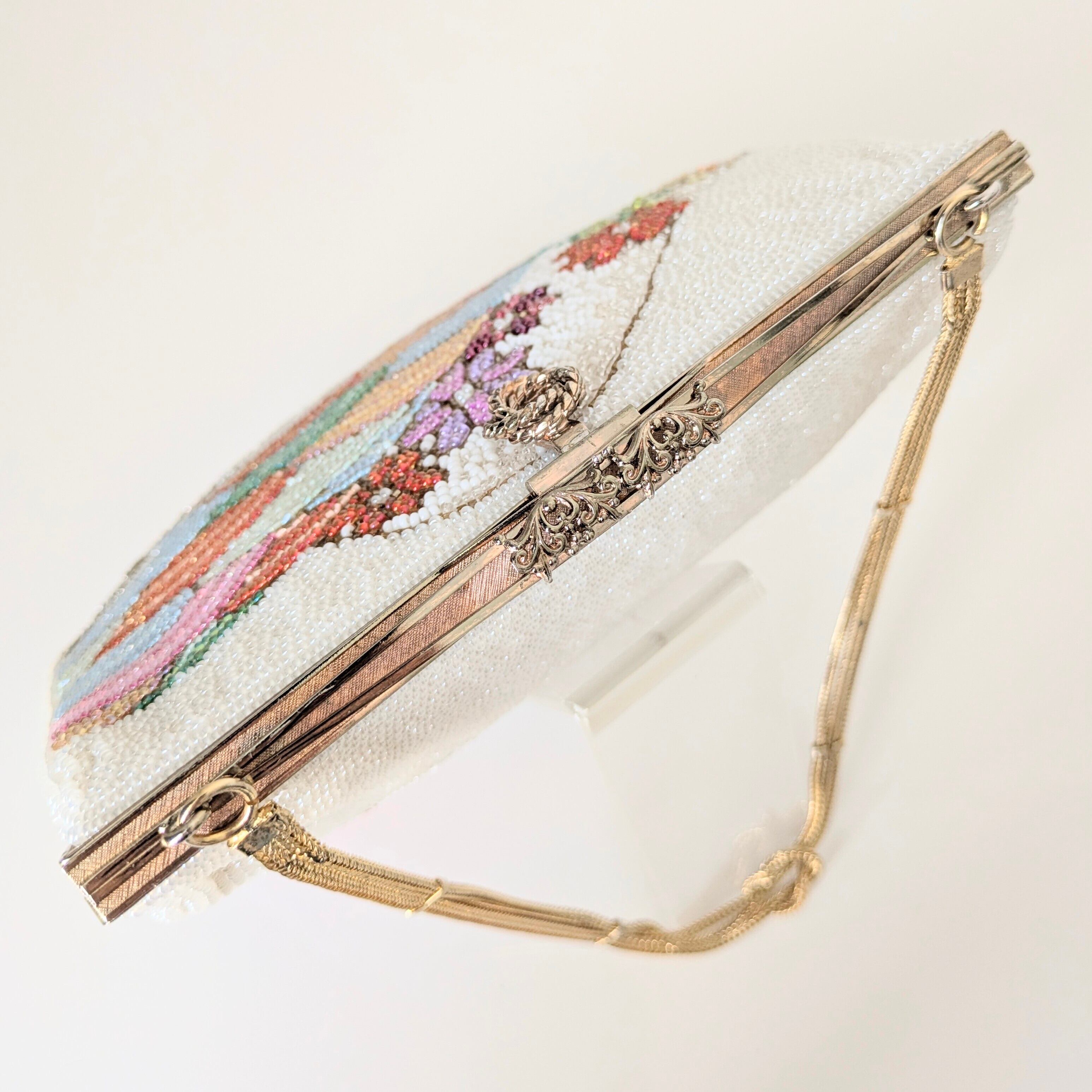 Vintage】ビーズ刺繍バッグ 白 吉祥風景柄 和柄 パーティーバッグ