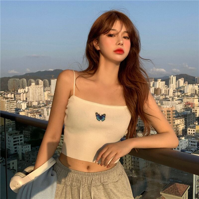 Butterflyデザイン ショートクロップドサマートップス ニットシャツ 夏物 ブラックストロベリース7885207105