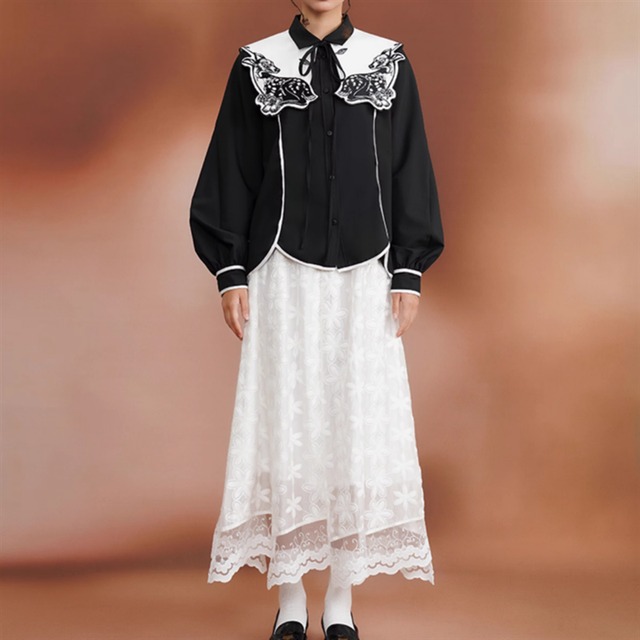 【Camoooni】小鹿刺繍ビックカラーブラウス　10970