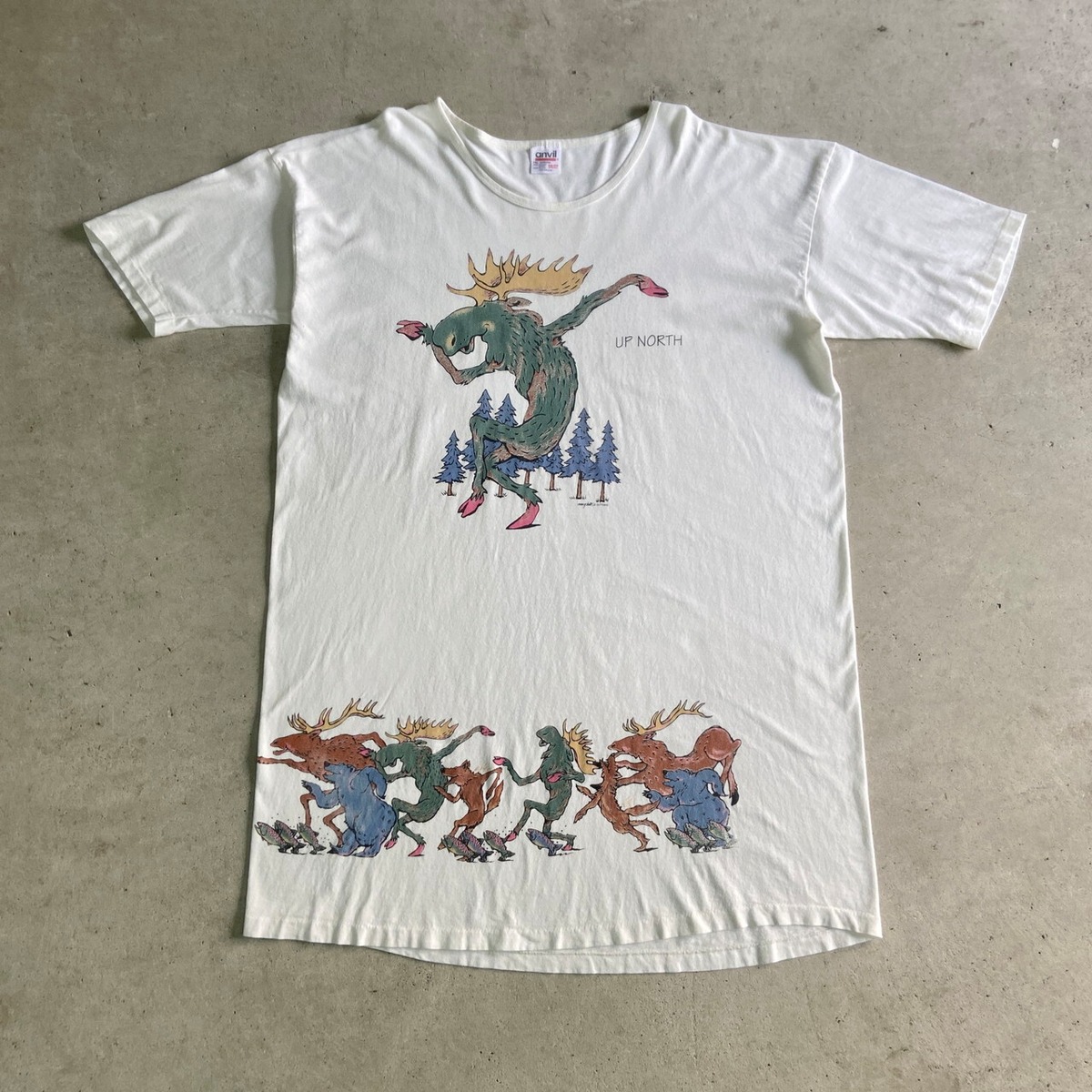 90s ヘラジカ アート イラスト プリント Tシャツ メンズ L 古着 オールド アニマル アウトドア 企業物 シカ グラフィック シングルステッチ