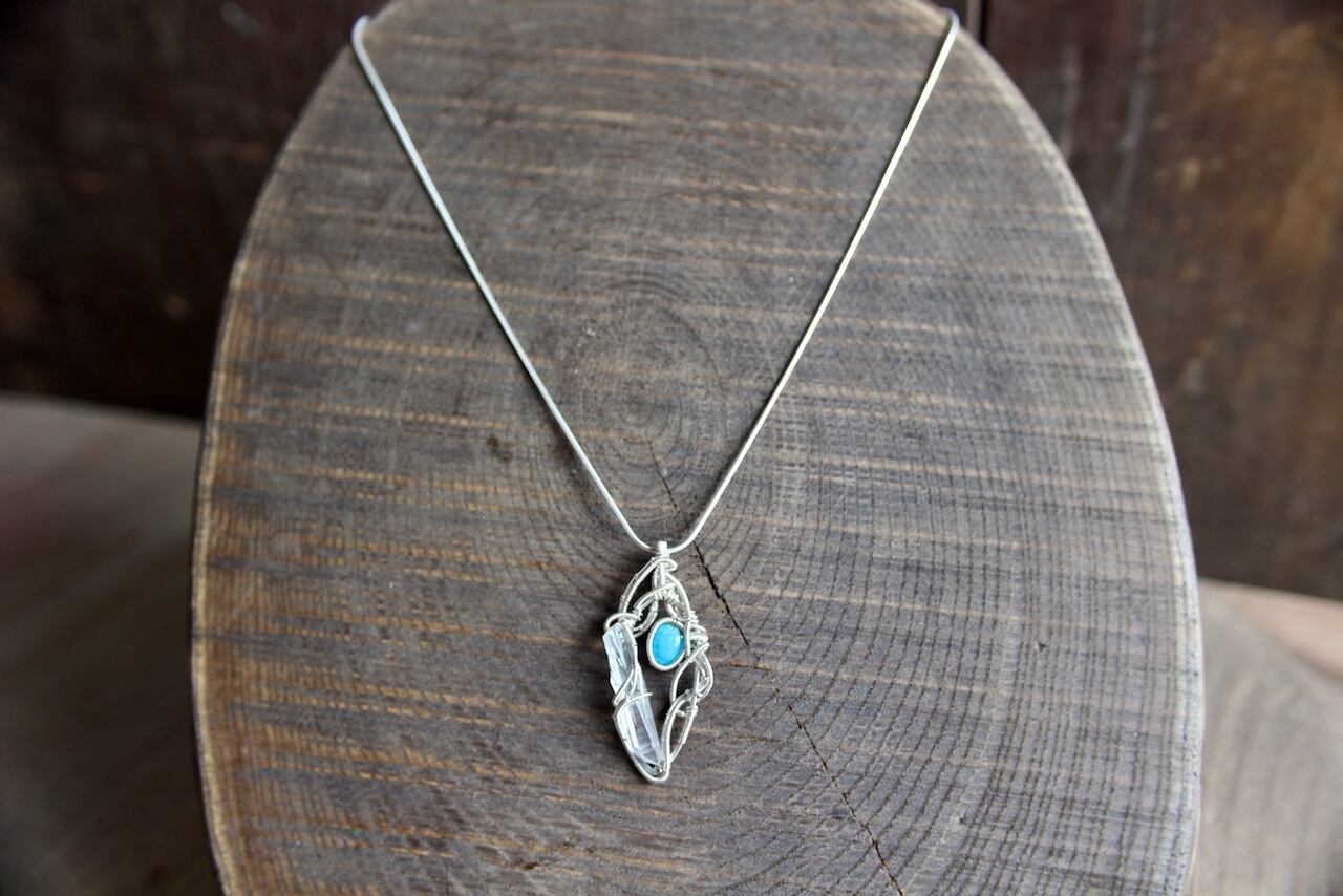 Turquoise & Crystal point silver925 wire wrapping pendant