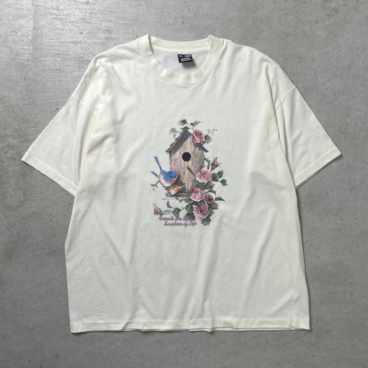 90年代 USA製 FRUIT OF THE LOOM 花 鳥 アートプリント Tシャツ メンズ 