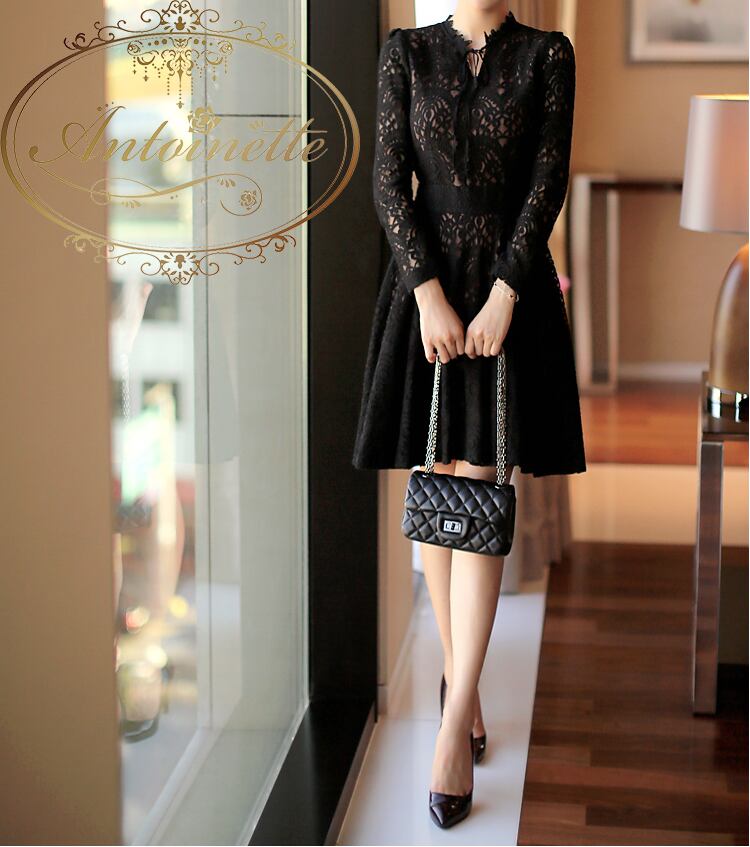 黒 ワンピース セクシー 膝丈 レース ディナー 大人っぽい レディース Black One Piece Dress Ladies Antoinette