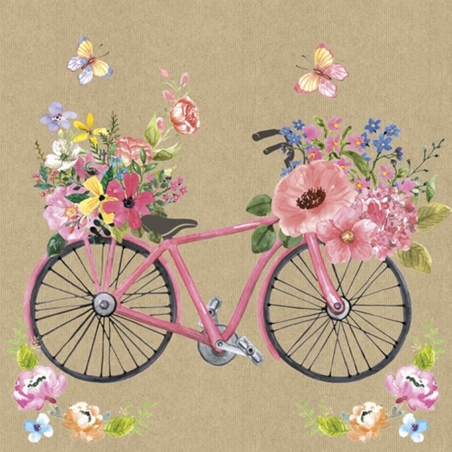 【Maki】バラ売り2枚 ランチサイズ ペーパーナプキン Bicycle Full of Flowers on Kraft ベージュ