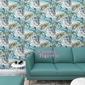 ラグーンブルー × ゴールド Rainforest leaf botanical FL1-778902MT for DIY 53㎝×10m リピート64㎝