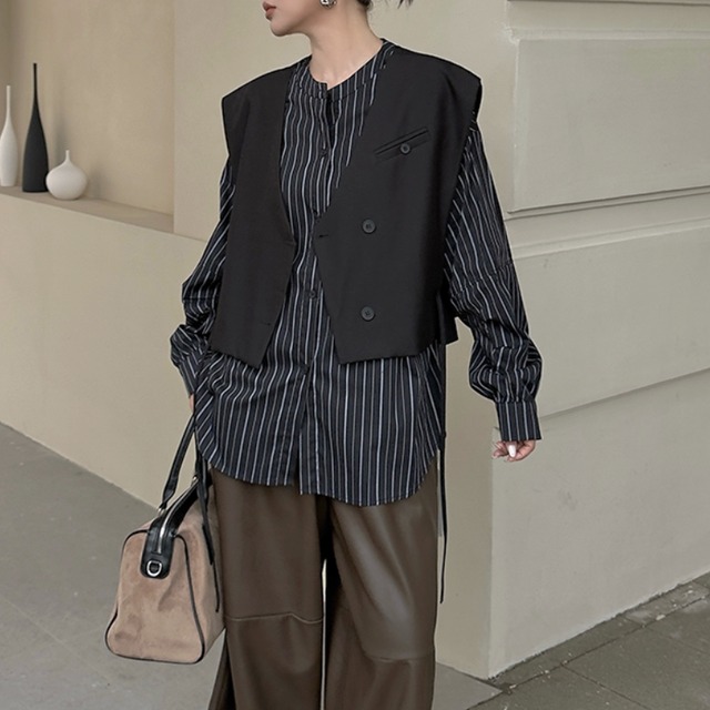 Striped twopiece vest shirt【2color】 C1585