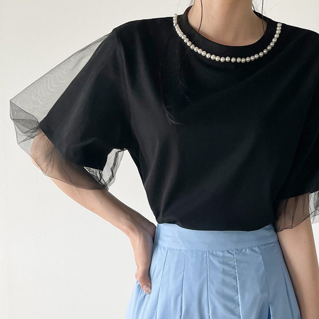 Pearl line neck sheer sleeve T-shirt A1062