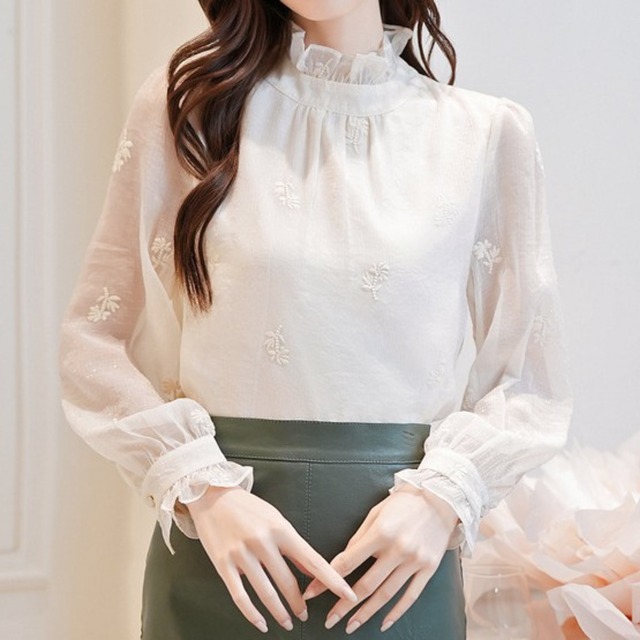 Stand collar elegant mesh stitch chiffon shirt