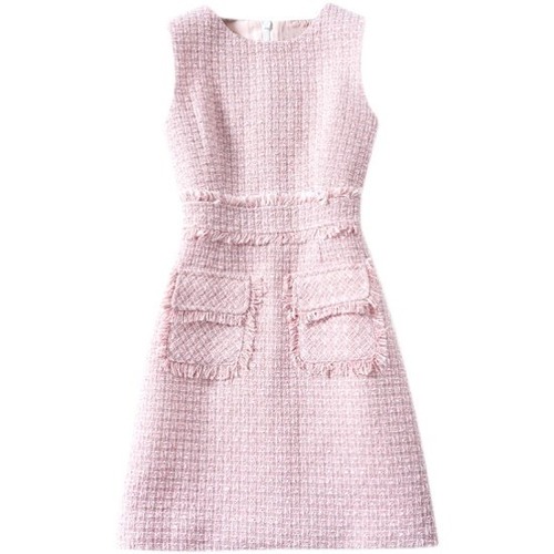 ツイードワンピース ノースリーブ レディース 韓国 ファッション お呼ばれワンピス ガーリー ピンク かわいい 夏 ワンピース フリンジ かわいい バックジップ 清楚 上品 ツイードワンピース